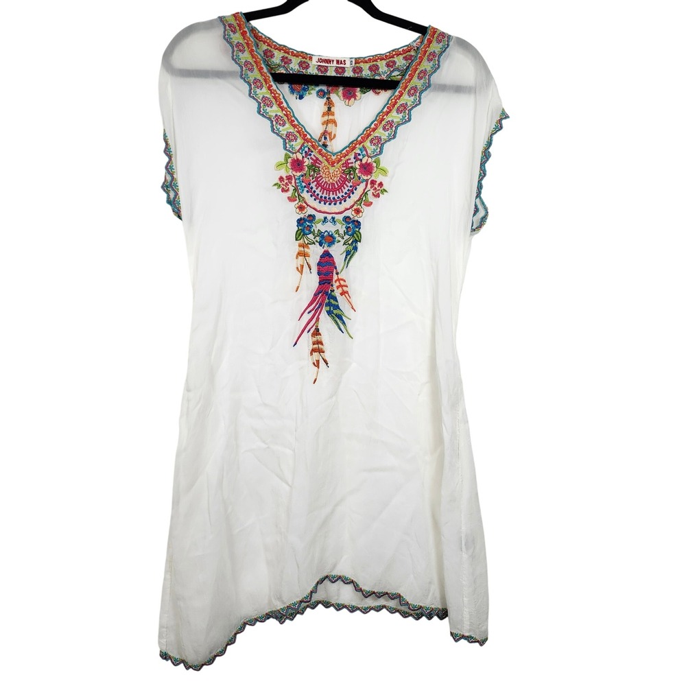 Johnny Was White Embroidered Floral Bird Cupra Rayon Tunic Top XS Boho V-Neck